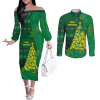 Cook Islands Christmas Couples Matching Off The Shoulder Long Sleeve Dress and Long Sleeve Button Shirt Seashell Xmas Tree Tribal Waves - Polynesian Pride