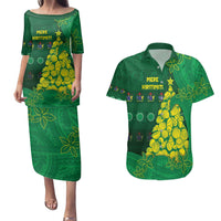 Cook Islands Christmas Couples Matching Puletasi and Hawaiian Shirt Seashell Xmas Tree Tribal Waves DT05 Green - Polynesian Pride