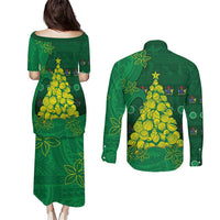 Cook Islands Christmas Couples Matching Puletasi and Long Sleeve Button Shirt Seashell Xmas Tree Tribal Waves DT05 - Polynesian Pride