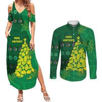 Cook Islands Christmas Couples Matching Summer Maxi Dress and Long Sleeve Button Shirt Seashell Xmas Tree Tribal Waves DT05 Green - Polynesian Pride