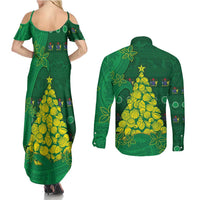 Cook Islands Christmas Couples Matching Summer Maxi Dress and Long Sleeve Button Shirt Seashell Xmas Tree Tribal Waves DT05 - Polynesian Pride