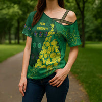 Cook Islands Christmas Cross Shoulder Shirt Seashell Xmas Tree Tribal Waves DT05 - Polynesian Pride
