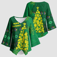 Cook Islands Christmas Kimono Sleeve Blouse Seashell Xmas Tree Tribal Waves - Polynesian Pride