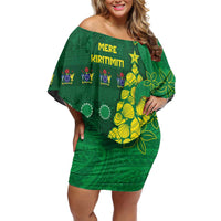 Cook Islands Christmas Off Shoulder Short Dress Seashell Xmas Tree Tribal Waves - Polynesian Pride