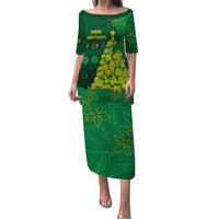 Cook Islands Christmas Puletasi Seashell Xmas Tree Tribal Waves DT05 Long Dress Green - Polynesian Pride