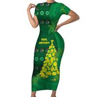 Cook Islands Christmas Short Sleeve Bodycon Dress Seashell Xmas Tree Tribal Waves DT05 Long Dress Green - Polynesian Pride