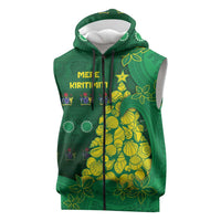 Cook Islands Christmas Sleeveless Zip Hoodie Seashell Xmas Tree Tribal Waves DT05 Green - Polynesian Pride