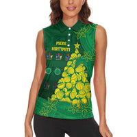 Cook Islands Christmas Women Sleeveless Polo Shirt Seashell Xmas Tree Tribal Waves - Polynesian Pride