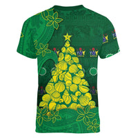 Cook Islands Christmas Women V-Neck T-Shirt Seashell Xmas Tree Tribal Waves DT05 - Polynesian Pride