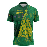 Cook Islands Christmas Zipper Polo Shirt Seashell Xmas Tree Tribal Waves DT05 Green - Polynesian Pride