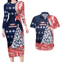 Wallis And Futuna Christmas Couples Matching Long Sleeve Bodycon Dress and Hawaiian Shirt Seashell Xmas Tree Tribal Waves - Polynesian Pride