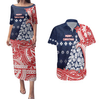 Wallis And Futuna Christmas Couples Matching Puletasi and Hawaiian Shirt Seashell Xmas Tree Tribal Waves DT05 Navy - Polynesian Pride