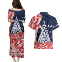 Wallis And Futuna Christmas Couples Matching Puletasi and Hawaiian Shirt Seashell Xmas Tree Tribal Waves - Polynesian Pride