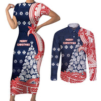 Wallis And Futuna Christmas Couples Matching Short Sleeve Bodycon Dress and Long Sleeve Button Shirt Seashell Xmas Tree Tribal Waves - Polynesian Pride