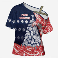 Wallis And Futuna Christmas Cross Shoulder Shirt Seashell Xmas Tree Tribal Waves DT05 Female Navy - Polynesian Pride