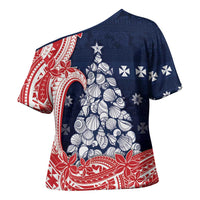 Wallis And Futuna Christmas Cross Shoulder Shirt Seashell Xmas Tree Tribal Waves DT05 - Polynesian Pride