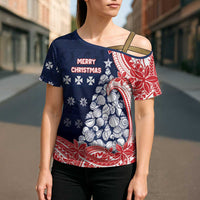 Wallis And Futuna Christmas Cross Shoulder Shirt Seashell Xmas Tree Tribal Waves DT05 - Polynesian Pride