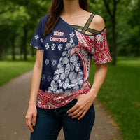 Wallis And Futuna Christmas Cross Shoulder Shirt Seashell Xmas Tree Tribal Waves DT05 - Polynesian Pride