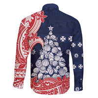 Wallis And Futuna Christmas Family Matching Off Shoulder Short Dress and Hawaiian Shirt Seashell Xmas Tree Tribal Waves - Polynesian Pride