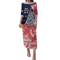 Wallis And Futuna Christmas Puletasi Seashell Xmas Tree Tribal Waves DT05 Long Dress Navy - Polynesian Pride