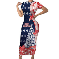 Wallis And Futuna Christmas Short Sleeve Bodycon Dress Seashell Xmas Tree Tribal Waves DT05 Long Dress Navy - Polynesian Pride