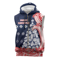 Wallis And Futuna Christmas Sleeveless Zip Hoodie Seashell Xmas Tree Tribal Waves - Polynesian Pride