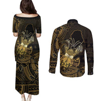 Niue Christmas Couples Matching Puletasi and Long Sleeve Button Shirt Niuean Crab Xmas Tribal Waves - Polynesian Pride