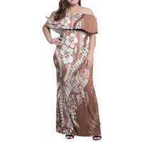 Hawaii Puakenikeni And Maile Lei Family Matching Off Shoulder Maxi Dress and Hawaiian Shirt Brown Polynesian Shark Tattoo DT05