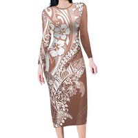 Hawaii Puakenikeni And Maile Lei Long Sleeve Bodycon Dress Brown Polynesian Shark Tattoo DT05