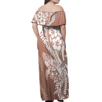 Hawaii Puakenikeni And Maile Lei Off Shoulder Maxi Dress Brown Polynesian Shark Tattoo DT05