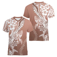 Hawaii Puakenikeni And Maile Lei Women V-Neck T-Shirt Brown Polynesian Shark Tattoo DT05