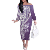 Hawaii Puakenikeni And Maile Lei Family Matching Off The Shoulder Long Sleeve Dress and Hawaiian Shirt Violet Polynesian Shark Tattoo DT05