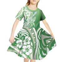 Hawaii Puakenikeni And Maile Lei Kid Short Sleeve Dress Green Polynesian Shark Tattoo DT05