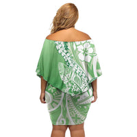 Hawaii Puakenikeni And Maile Lei Off Shoulder Short Dress Green Polynesian Shark Tattoo DT05
