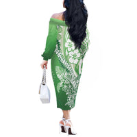 Hawaii Puakenikeni And Maile Lei Off The Shoulder Long Sleeve Dress Green Polynesian Shark Tattoo DT05