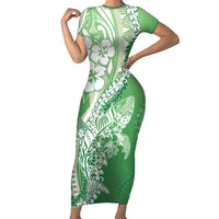 Hawaii Puakenikeni And Maile Lei Short Sleeve Bodycon Dress Green Polynesian Shark Tattoo DT05