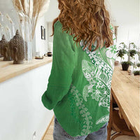 Hawaii Puakenikeni And Maile Lei Women Casual Shirt Green Polynesian Shark Tattoo DT05