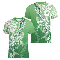 Hawaii Puakenikeni And Maile Lei Women V-Neck T-Shirt Green Polynesian Shark Tattoo DT05
