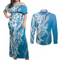 Hawaii Puakenikeni And Maile Lei Couples Matching Off Shoulder Maxi Dress and Long Sleeve Button Shirt Blue Polynesian Shark Tattoo DT05 Blue - Polynesian Pride