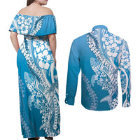 Hawaii Puakenikeni And Maile Lei Couples Matching Off Shoulder Maxi Dress and Long Sleeve Button Shirt Blue Polynesian Shark Tattoo DT05 - Polynesian Pride