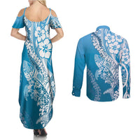 Hawaii Puakenikeni And Maile Lei Couples Matching Summer Maxi Dress and Long Sleeve Button Shirt Blue Polynesian Shark Tattoo DT05 - Polynesian Pride