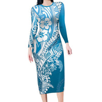 Hawaii Puakenikeni And Maile Lei Family Matching Long Sleeve Bodycon Dress and Hawaiian Shirt Blue Polynesian Shark Tattoo DT05