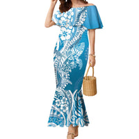 Hawaii Puakenikeni And Maile Lei Mermaid Dress Blue Polynesian Shark Tattoo DT05