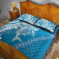 Hawaii Puakenikeni And Maile Lei Quilt Bed Set Blue Polynesian Shark Tattoo DT05