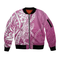 Hawaii Puakenikeni And Maile Lei Sleeve Zip Bomber Jacket Pink Polynesian Shark Tattoo DT05