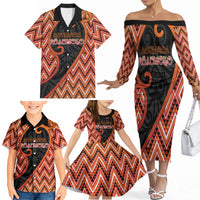 Custom Aotearoa Atua Ruaumoko Family Matching Off The Shoulder Long Sleeve Dress and Hawaiian Shirt God Of Volcanoes Koru Patterns