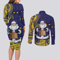 Tokelau Christmas Couples Matching Long Sleeve Bodycon Dress and Long Sleeve Button Shirt Santa With Tuluma Xmas Tribal Waves - Polynesian Pride