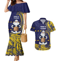 Tokelau Christmas Couples Matching Mermaid Dress and Hawaiian Shirt Santa With Tuluma Xmas Tribal Waves - Polynesian Pride