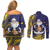 Tokelau Christmas Couples Matching Off Shoulder Short Dress and Long Sleeve Button Shirt Santa With Tuluma Xmas Tribal Waves - Polynesian Pride