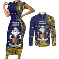 Tokelau Christmas Couples Matching Short Sleeve Bodycon Dress and Long Sleeve Button Shirt Santa With Tuluma Xmas Tribal Waves - Polynesian Pride